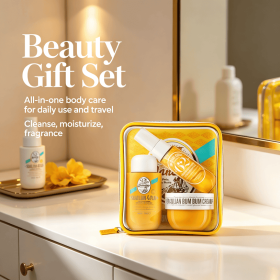 Yellow Tropical Nutty Scent 3-Piece Travel Body Care Gift Set, Shower Cream Gel, Fragrance Spray & Body Cream
