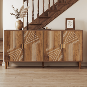 62.6-Inch Walnut Sideboard with Storage, 4-Door Credenza Featuring Vertical Grooved Detailing, Multifunctional Accent Cabinet Suitable for Dining