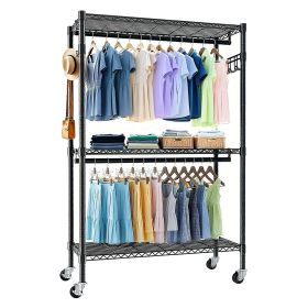 Heavy Duty Rolling Clothes Rack, Metal Garment Rack with 3 Adjustable Shelves, 2 Hanging Rods & Side Hooks, Mobile Clothing Storage Organizer wit