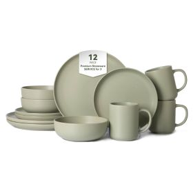 12-Piece Stoneware Dinnerware Sets with Mugs | Microwave & Dishwasher Safe | Non-Toxic Dinner Plates Bowls Set | Stackable Matte Glaze Kitchenwar