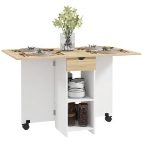 Folding Dining Table, Space Saving Drop Leaf Table with Drawer and Storage Shelves for Kitchen, Dining Room, Oak (Option: Oak)