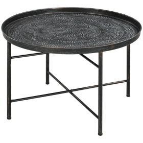 Vintage Coffee Table for Living Room, 24" Round Center Table with Hammered Tray Top and Metal Frame, Pewter (Option: Pewter)