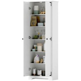 67" Farmhouse Pantry Cabinet with 2 Doors, Tall Storage Cabinet with Adjustable Shelves, Distressed White (Option: White)