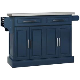 Rolling Kitchen Island with Storage and Stainless Steel Top, Kitchen Trolley with Drawers, Cabinets, Towel Rack, Blue (Option: Blue)
