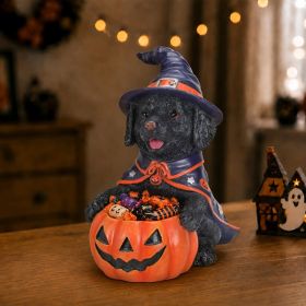 Halloween Black Labrador Retriever Witch Puppy Figurine, Cute Dog Holding Pumpkin Candy Bowl Decoration (Option: Orange-Red,Purple+Black)
