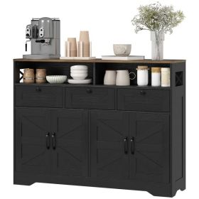 Sideboard, Buffet Cabinet with 4 Barn Doors and 3 Drawers, Coffee Bar Cabinet with Adjustable Shelves, Black (Option: Black)