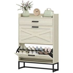 Slim Shoe Storage with 2 Flip Drawers and Adjustable Shelves Shoe Cabinet Organizer for 12 Pair, Distressed White (Option: Distressed White)