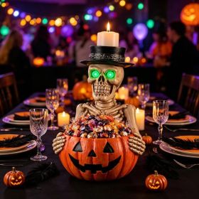 Halloween Resin Skeleton Figurine Candy Dish, Glowing Green Eye Design, Decorative Treat Bowl and Flameless Candle Display Holder for Entryway, M (Option: as pic)
