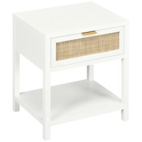 Boho Nightstand, Bedside Table with Rattan Drawer and Open Shelf, Side End Table for Bedroom, Living Room (Option: White)