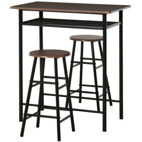 3 Piece Counter Height Bar Table Set with 1 Table, 2 Matching Stools, Dining Table Set with Storage Shelf and Metal Frame Footrest, Black and Oak (Option: Black)
