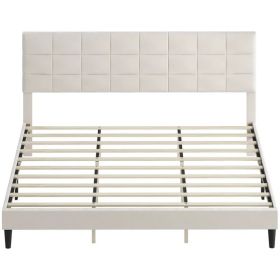 King Size Bed Frame with Upholstered Headboard, Modern Platform Bed Frame with Wood Slats, 1100 lbs Capacity, Cream (Option: Cream White)