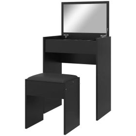 Modern Vanity Set with Makeup Table and Cushioned Stool, Dressing Table with Flip Top and Mirror for Bedroom, Black (Option: Black)