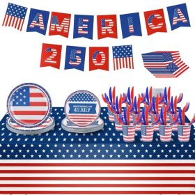 181Pcs 4th of July 250th Anniversary Party Supplies Set Independence Day Red White Blue Disposable Tableware with Plates Cups Cutlery Napkins Ban (Option: Party Supplies)