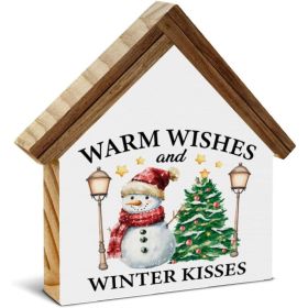 Winter Christmas Home Decor, Snowman Warm Wishes Winter Kisses House Shaped Wood Block Sign Xmas Holiday Decorations For Desk Table Shelf (Option: Multi)