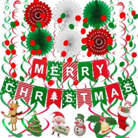 Merry Christmas Banner & Paper Fan Flower Garland, Circle Confetti, Hanging Swirl Streamers For Christmas Tree & Party Decor (Option: Multi)