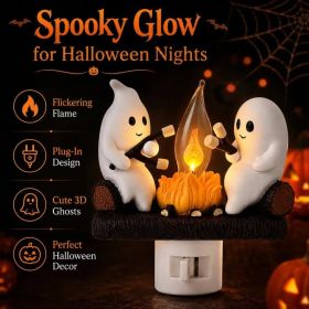 Ghost Campfire Night Light, Plug-in Wall Flickering Flame Nightlight, Halloween 3D Cute Spooky Marshmallow Ghost Decoration for Bedroom, Spooky S (Option: yellow)