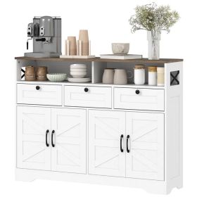 Sideboard, Buffet Cabinet with 4 Barn Doors and 3 Drawers, Coffee Bar Cabinet with Adjustable Shelves, White (Option: White)