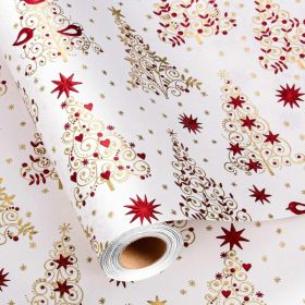 Christmas Wrapping Paper, Metallic Gold Foil Trees With Red Stars & Hearts, Holiday Gift Wrap Roll (Option: White)