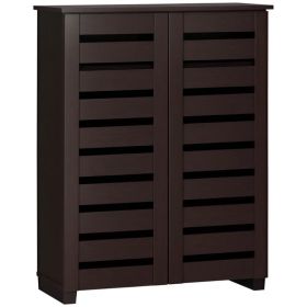 Narrow Shoe Cabinet with 2 Slatted Doors, Modern Shoe Storage Cabinet with Adjustable Shelves for Entryway, Hallway, Living Room, Holds 15 Pairs, (Option: Espresso)