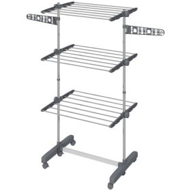 3-Tier Foldable Clothes Drying Rack, Stainless Steel Laundry Rack with 2 Side Wings and 6 Castors, Collapsible Adjustable Clothes Airer for Indoo (Option: Grey)