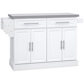 Rolling Kitchen Island with Storage and Stainless Steel Top, Kitchen Trolley with Drawers, Cabinets, Towel Rack (Option: White)