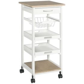 Rolling Kitchen Island Cart, Mobile Utility Storage Cart with Drawer, Wire Storage Basket, Removable Tray, White (Option: White)