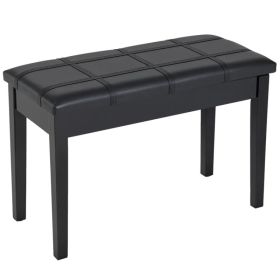 Classic Piano Bench Stool, PU Leather Padded Keyboard Seat with Rubber Wood Legs and Music Storage Compartment, Banded Seat, Black (Option: Black)