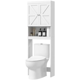 Over The Toilet Cabinet, Modern Bathroom Above Toilet Storage with Barn Doors and Open Shelf, White (Option: White)