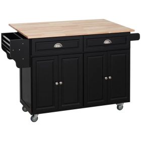 Kitchen Island with Storage, Rolling Kitchen Island with Drop Leaf, Rubber Wood Top and Adjustable Shelves, Black (Option: Black)