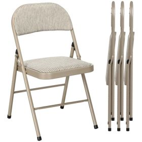 Set of 4 Metal Foldable Chairs, Linen Fabric Padded Folding Chairs with Cushion Seat and Open Back for Indoor, Beige (Option: Beige)