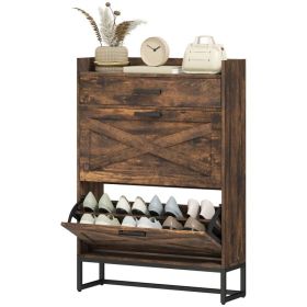 Slim Shoe Storage with 2 Flip Drawers and Adjustable Shelves Shoe Cabinet Organizer for 12 Pair, Rustic Brown (Option: Rustic Brown)