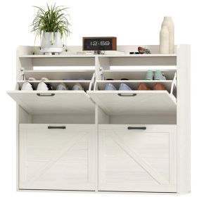 Narrow Shoe Storage Cabinet with 4 Flip Drawers, Adjustable Shelves, 16 Pair Farmhouse Shoe Cabinet, White Oak (Option: White Oak)
