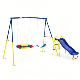 Swing Set for Backyard, 330lbs Swing Set with Heavy-Duty A-Frame Metal Outdoor Swing Stand, 1 Saucer Swing Seat & 1 Belt Swings Seat (Color: Blue, size: Steel)