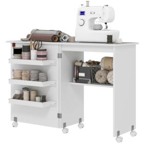 Sewing Machine Cabinet, Folding Sewing Table with Storage Shelf, Bins and Lockable Wheels for Small Space, White (Option: White)