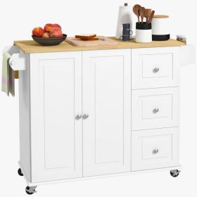 Kitchen Island with Drop Leaf, Rolling Kitchen Cart on Wheels with 3 Drawers, Cabinet, Natural Wood Top, Spice Rack and Towel Rack, White (Option: White)