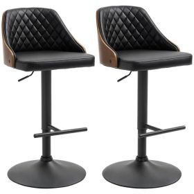 Modern Bar Stools PU Leather Set of 2 Swivel Bar Height Barstools Chairs with Adjustable Height, Round Heavy Metal Base and Footrest, Black (Option: Black)