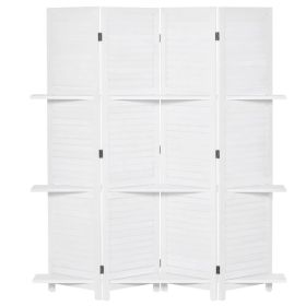 4-Panel Wall Partition Room Separator with 3 Storage Shelves Foldable Design Wooden Frame 5.6FT White (Option: White)