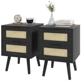 Boho Nightstands Set of 2, Bedside Tables with 2 Drawers for Living Room, Bedroom, Black (Option: Black)
