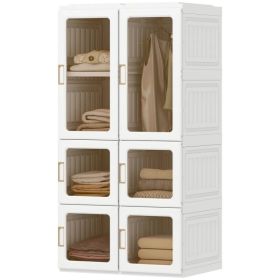 Portable Wardrobe, Foldable Plastic Closet with 5 Compartments, Hanging Rod and Magnetic Doors, White (Option: White)