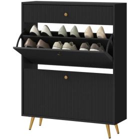 Narrow Shoe Storage Cabinet with Wave-like Panels and Adjustable Shelves for 12 Pairs of Shoes, Black (Option: Black)