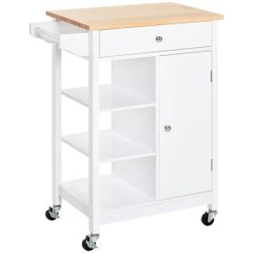 Modern Rolling Kitchen Island Cart with Drawer, Natural Wood Top, Towel Rack, Door Storage Cabinet, White (Option: White)