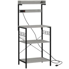 Kitchen Baker's Rack with Power Outlet, Coffee Bar Station with Adjustable Shelves and Hooks, Distressed Grey (Option: Distressed Grey)