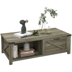 Farmhouse Coffee Table with Drawer and Storage Shelf, Rustic Center Table for Living Room, Meeting Room, Grey (Option: Grey)