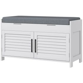 Entryway Bench with Cushion, Hidden Storage, Adjustable Shelves and Shutter Doors, 35.4" Shoe Bench, White (Option: White)