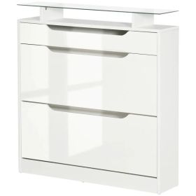 High Gloss Shoe Cabinet with 2 Flip Drawers and Adjustable Shelves, Narrow Shoe Storage Cabinet with Glass Top, White (Option: High Gloss White)