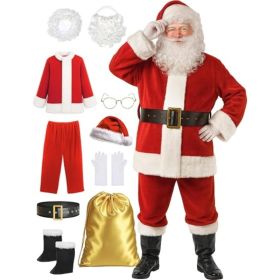 10PCS Deluxe Santa Claus Costume Set For Men, Adult Santa Suit With Hat, Beard, Belt & Boot Covers SMALL AND MEDIUM SIZE (Option: red)